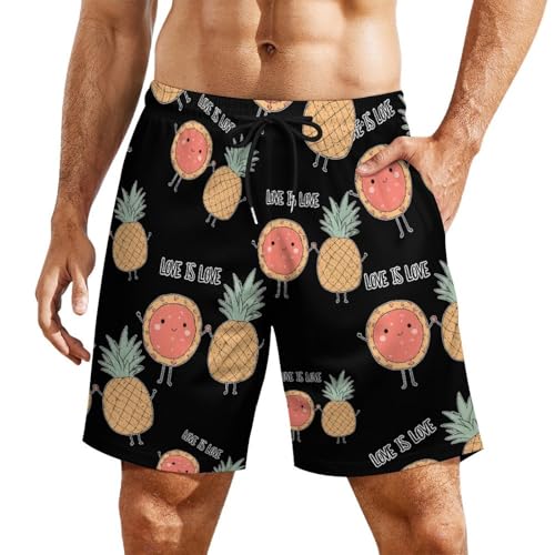 Love is Love Pineapple Pizza Beach Shorts for Men Swim Trunks Quick Dry Swim Shorts with Compression Liner Pocket