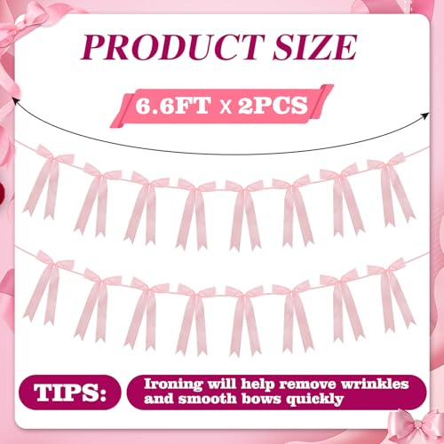 Image of Pink Bow Garland for Party Decorations - 6.6ft x 2 Pre-Strung Hanging Banners for Coquette Birthday, Bridal Shower, Wedding, Engagement, Bachelorette, Women Girl Baby Shower Supplies