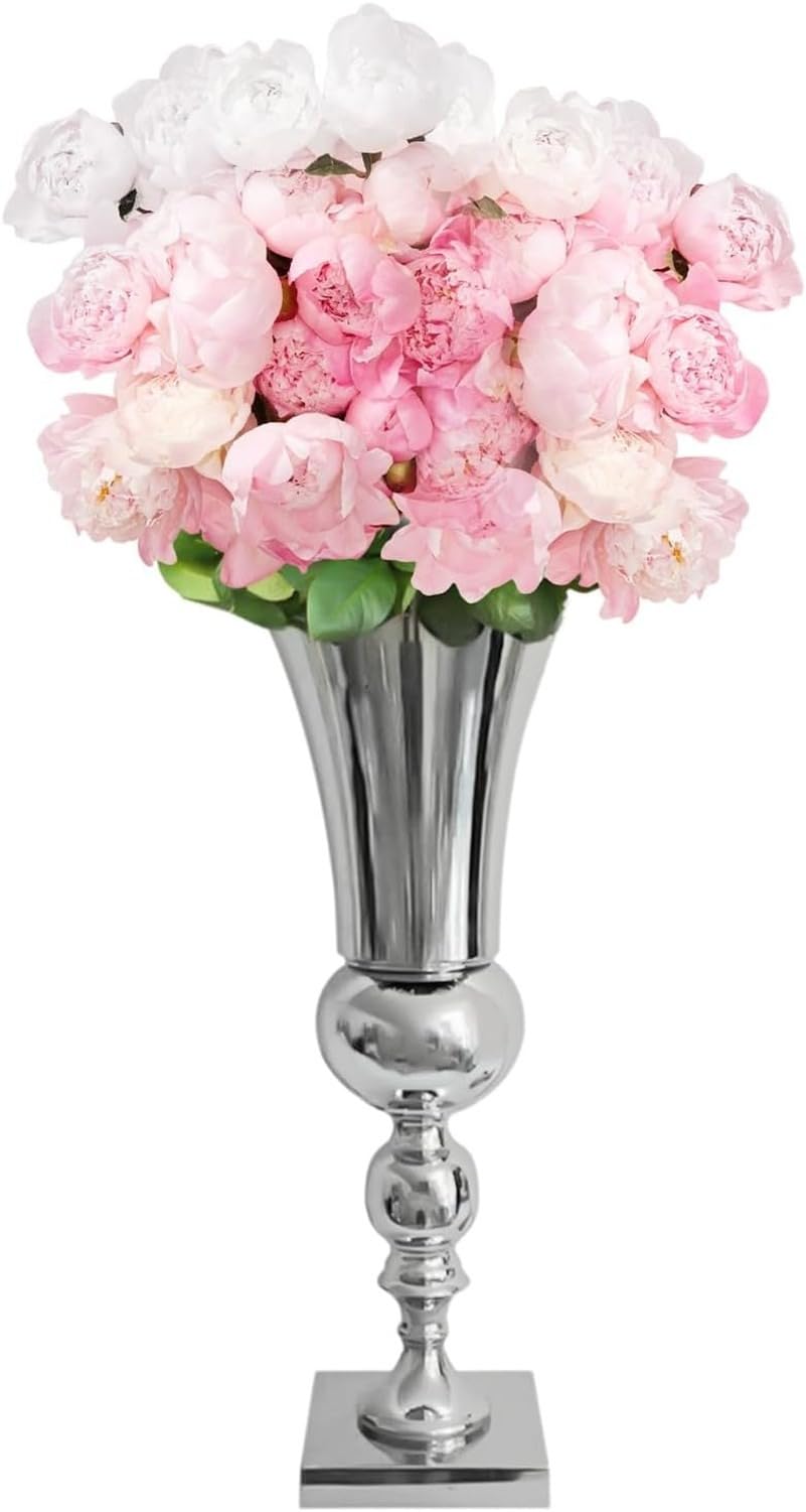 Vaso Fiori in Ferro Argento, Portacandele in Metallo Tromba Fioriera Candelabro da Tavolo con Candela per Matrimonio, Centrotavola per Eventi, Feste, Casa, Sogg, 50cm