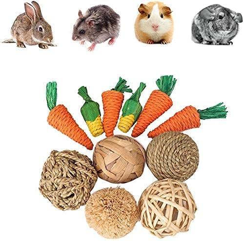 YANGWX 11PCS Rabbit Guinea Pig Hamster Bunny Chew Toys, Rabbit Accessory Teeth Care Toy Set, Natural Grass Rattan Sisal Carrot Corn Throw Bite Fun Balls Set Toy, for Bunny Hamster Gerbils