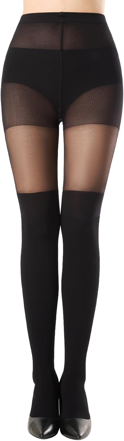 MANZI 1 Pair Black Over Knee Tights Faux Thigh High Stocking Tights Mock Suspender Pantyhose for Women