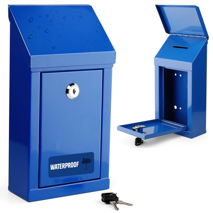 My Charity Boxes Metal Donation Box & Collection Box Office Suggestion Box Secure Box With Top Coin Slot and Lock Included with 2 Keys - Easy Wall Mounting or Counter Top Use (Blue Waterproof) โ image 1