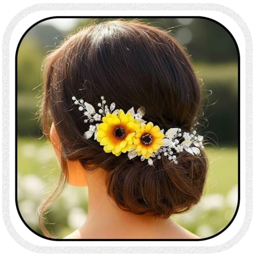 Image of Unsutuo Sunflower Hair Vine Pearl Wedding Hair Piece Silver Crystal Hair Accessories for Women and Girls