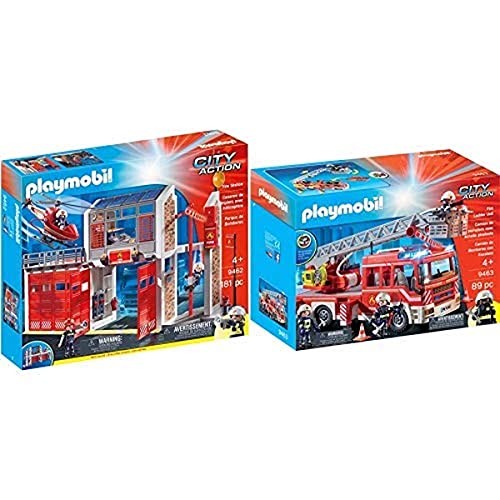 PLAYMOBIL City Action Parque De Bomberos con Efectos De Sonido, A Partir De 4 Años (9462) + City Action Camión De Bomberos con Escalera, Luces Y Sonido, A Partir De 5 Años (9463)