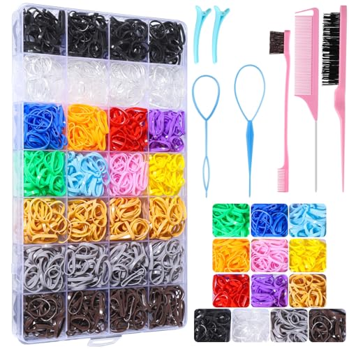 Image of Rubber Bands and Hair Styling Tools Set: 1500 Pcs Elastic Hair Ties with Organizer Box, Baby/Toddler Hair Accessories Gift for Women and Kids | Soft elastic bands, teasing and rat tail combs, tools, clips for braids and ponytails