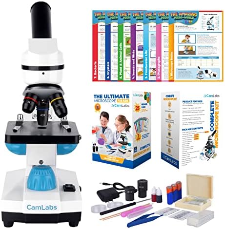 CamLabs Microscope for Kids - 3 Magnification Levels - 40x, 100x, 400x - Includes 25 Specimen Slides, Science Experiments & Accessories - Portable Student Microscope