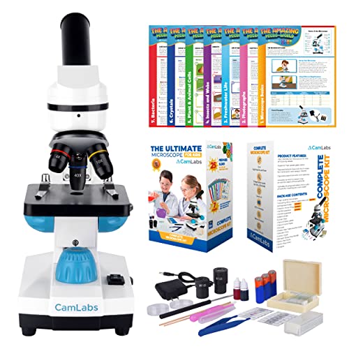 Camlabs Microscope For Kids - 3 Magnification Levels - 40X, 100X, 400X - Includes 25 Specimen Slides, Science Experiments & Accessories - Portable Student Microscope #TOP1