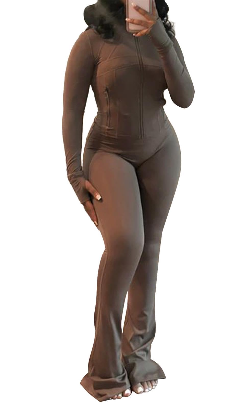 cu4eve Womens Two Piece Outfits Fall Workout Zip Up Sweatshirt And Jogger Flare Yoga Pants Gym Sweat Suits 2 Piece Set