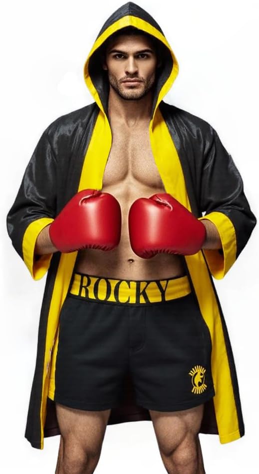 Adult Satin Mens American Flag Boxing Costume Balboa Boxer US Stars and Stripes Hooded Robe with Shorts