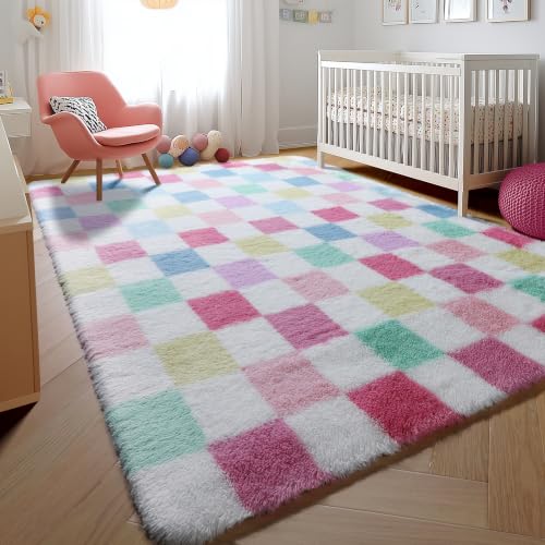 Image of KICMOR Rainbow Checkered 6x9 Area Rugs for Living Room, Large Colorful Fluffy Soft Fuzzy Shag Shaggy Carpet for Bedroom, Cute Indoor Plush Rug for Kids Girls Boys Dorm Nursery Home Decor Aesthetic