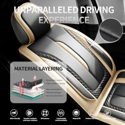 Image of Fit Sonata Car Seat Covers for Hyundai Sonata 2008-2025 2026 - Premium Breathable Leather,Airbag Compatible,Waterproof All-Weather Seat Cushion Protector, Full Set Beige&Black