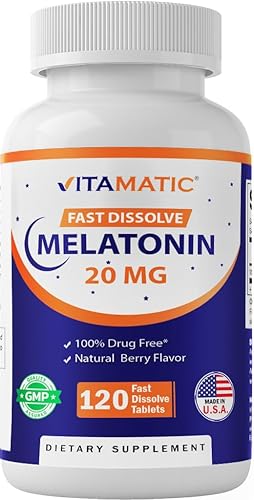Vitamatic Tabletas de melatonina de 20 mg Sabor natural a bayas 120 tabletas vegetarianas por botella 6 botellas (total 720)