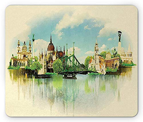 Preisvergleich Produktbild Schloss-Mausunterlage, Aquarell-Illustration modernen europäischen Stadtbilds Budapests mit Effekt, Standardgrößen-Rechteck-rutschfestes Gummimousepad, Mehrfarben