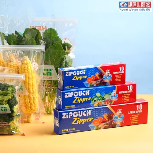 Image of Zip Lock Bag with Zipper | Small Pack of 3 (30 Bags, 21x18 cm) | Ziplock Bags for Fridge & Travel Packing | Zipper Pouch & Zip Lock Covers for Food, Vegetables & Snacks