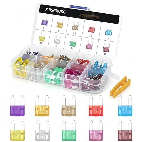XJlSGXUSG 100 Pcs Mini fuses Kit, Blade Fuse Assortment Kit(3A/5A/7.5A/10A/15A/20A/25A/30A/35A/40A) (with Puller Tool) for Car, Marine, Truck, RV Fuse Replacement