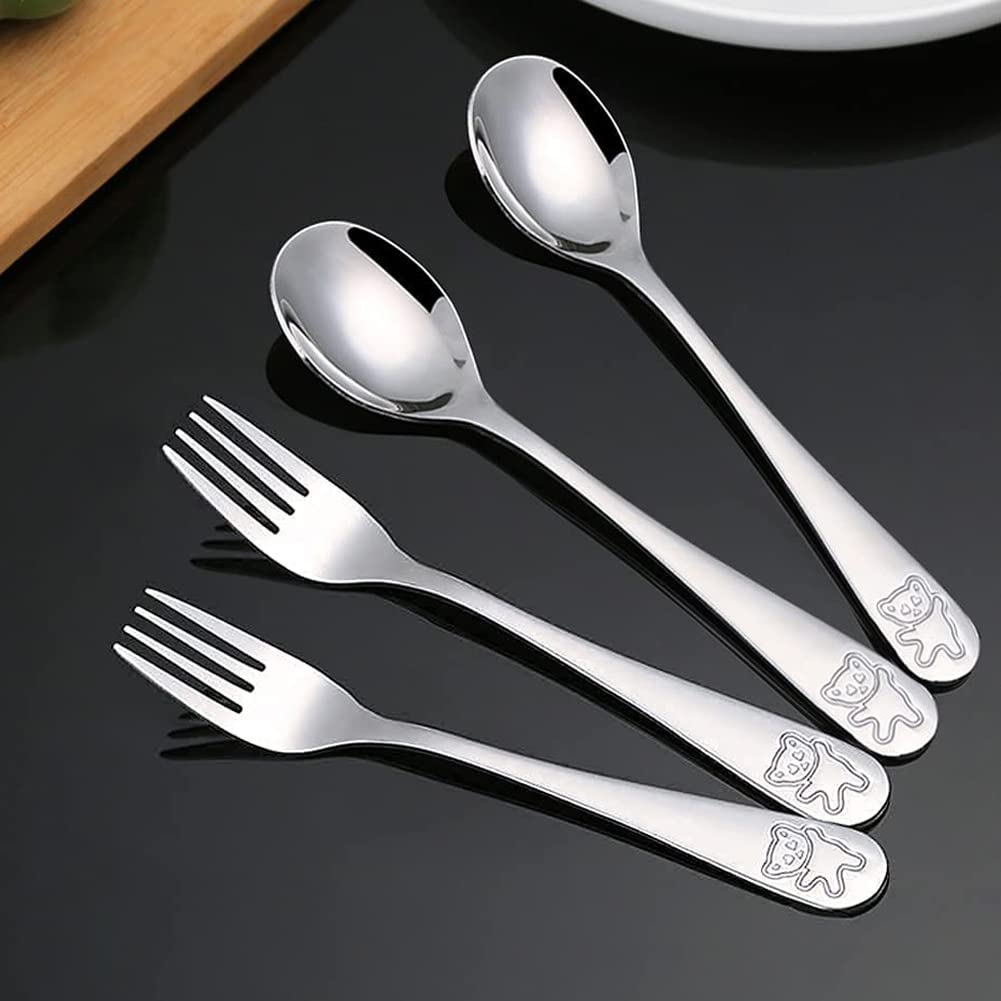 Set 6 Posate Per Bambini In Acciaio Inox 18/10 - Forchetta E Cucchiaio 16.5cm Con Design Orso - Foto 4