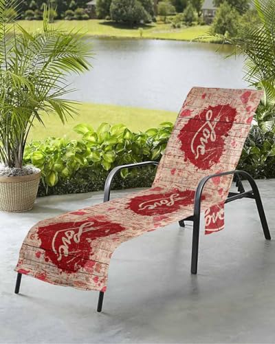 Valentine's Day Beach Chair Towel Covers for Chaise Lounge with Side Pocket, Soft Plush Pool Towels Cover for Patio Sunbathing Outdoor 29''x85'' Farmhouse Wood Red Love Heart