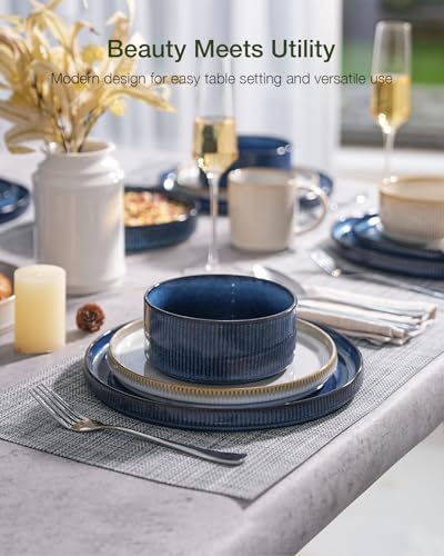 Image of Famiware Star 12-Piece Stoneware Dinnerware Sets for 4, Modern Rustic Dishes for Everyday & Formal Use, Reactive Glaze Plates and Bowls, Chip /Scratch Resistant, Microwave /Dishwasher Safe, White & Blue