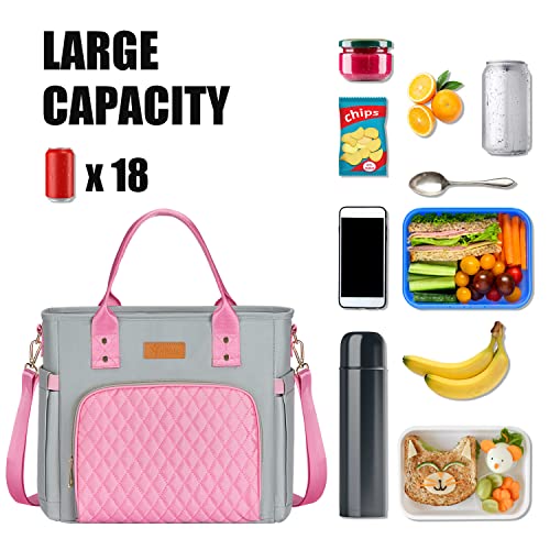 Yitote Cute Lunch Bags For Women With 4 Icepacks,Lunch Bag Women Insulated With Bottle Holder,Lunch Box For Women Lunch Bag Adjustable Shoulder Strap,Women Lunch Bags For Work (Pink Gray) #TOP2