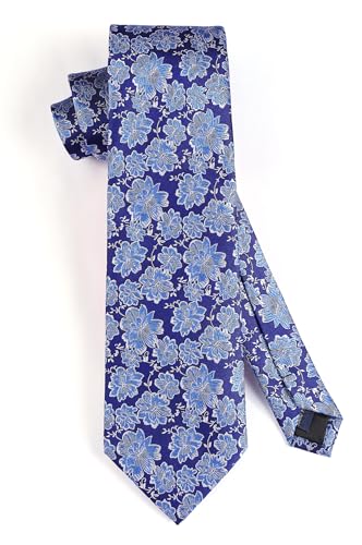 Image of HISDERN Extra Long Ties for Men Classic Floral Tie and Pocket Square Elegant Silk Necktie Handkerchief Set Wedding Party