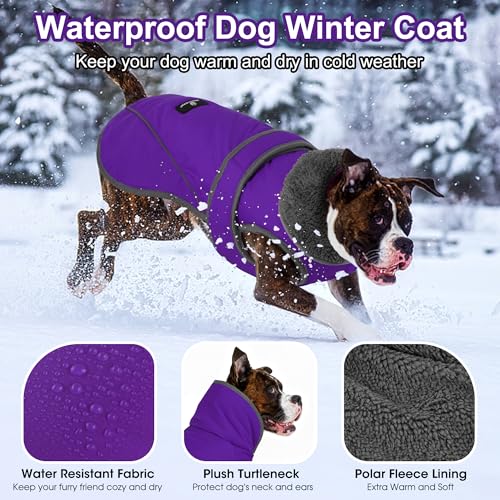 Image of Dogcheer Dog Coat, Waterproof Dog Jacket Reflective Pet Winter Coat with Adjustable Hook & Loop, Christmas Puppy Fleece Jacket Warm Turtleneck Snowsuit for Small Medium Large Dogs - Purple, 3XL