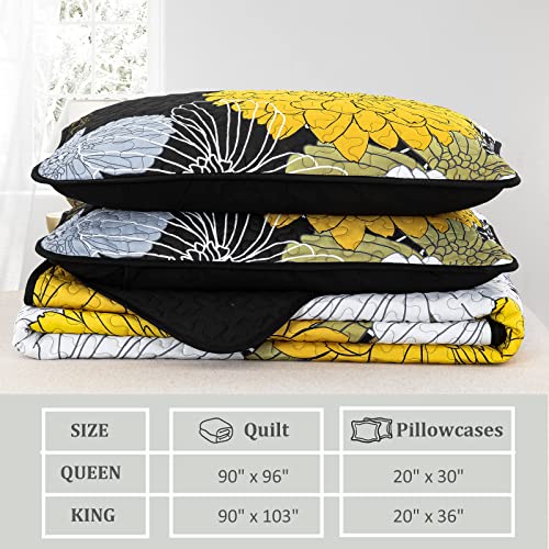 3 Pieces Yellow Floral Pattern Quilts Queen Size Coverlet Set - Lightweight Black Bedspread With 2 Pillowcases For All Season - Soft Microfiber Reversible Bedding Quilt Set (Yellow/Black, 96''X90'') #TOP5