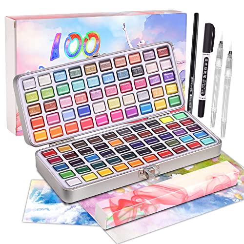 Juego de 120 pinturas profesionales de acuarela en caja portátil con envoltura de regalo, juego de acuarela con paleta que incluye 12 colores fluorescentes, 6 colores macron y 36 colores metálicos, juegos de acuarela perfectos para artistas adultos