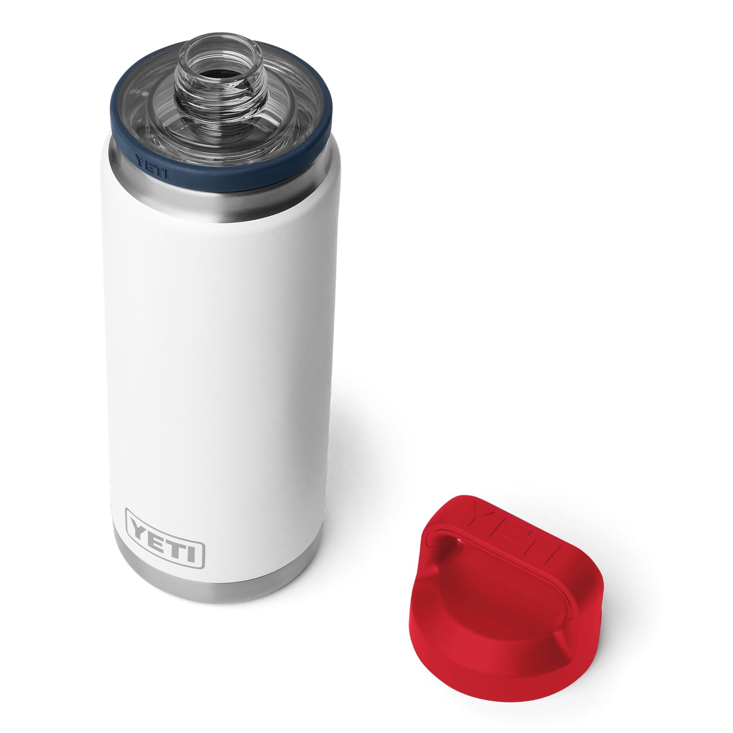 YETI Rambler 26 oz Bottle, Leakproof, Vacuum Insulated, Stainless Steel with Chug Cap, White/Navy/Rescue Red