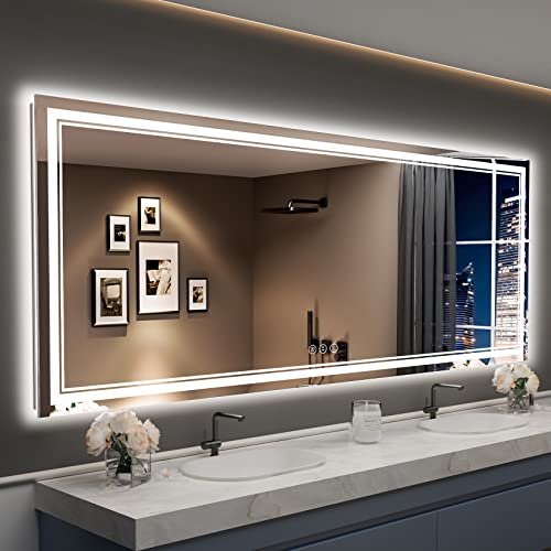 Image of 96x36 LED Bathroom Mirror with Lights, Backlit and Front Lit Anti-Fog Lighted Vanity Mirrors for Bathroom Wall, Dimmable, 3-Color Light, Memory, Shatter-Proof, HD Tempered Glass, CRI>90
