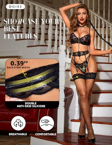 RSLOVE Women's Sexy Fishnet Thigh-High Stockings with Silicone Lace Top Sheer Hosiery - Image 5