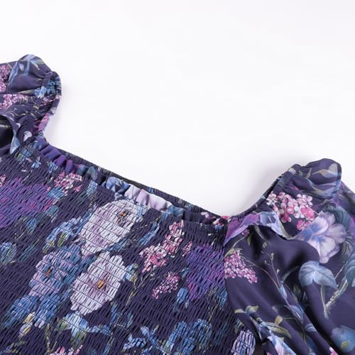 Image of Scarlet Darkness Floral Dress for Women Summer Puff Sleeve Square Neck A Line Flowy Wedding Guest Tea Party Dresses