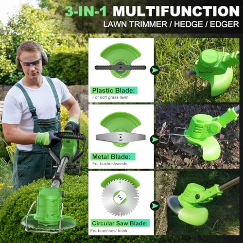 Cordless Lawn Trimmer Weed Wacker - Apiuek 21V Lawn Mower Grass Edger with 2.0Ah Li-Ion Battery Powered & 3 Cutting Blade Types, Compact Power Tool for Lawn Yard Work