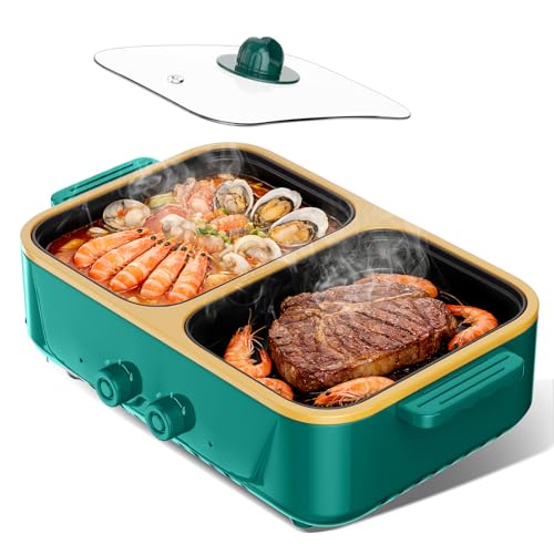2-in-1 Electric Hot Pot and Grill Combo,1000W Dual Temper Control, Fast Heating - Indoor Cooking Appliance for BBQ, Steaks, Noodles & More - Suitable for Up to 3 People (Green T)