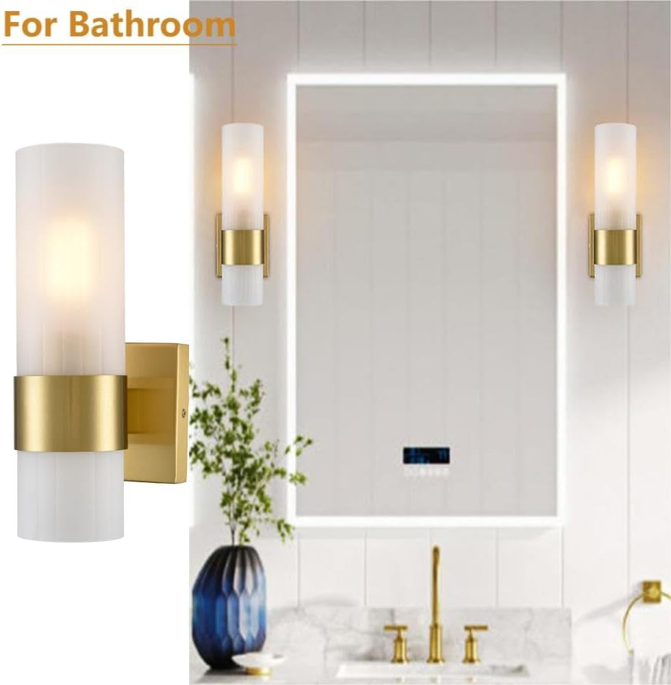 Modern Brass Wall Sconce with Frosted Cylinder Glass Shade for Living Room Bedroom Bathroom Hallway