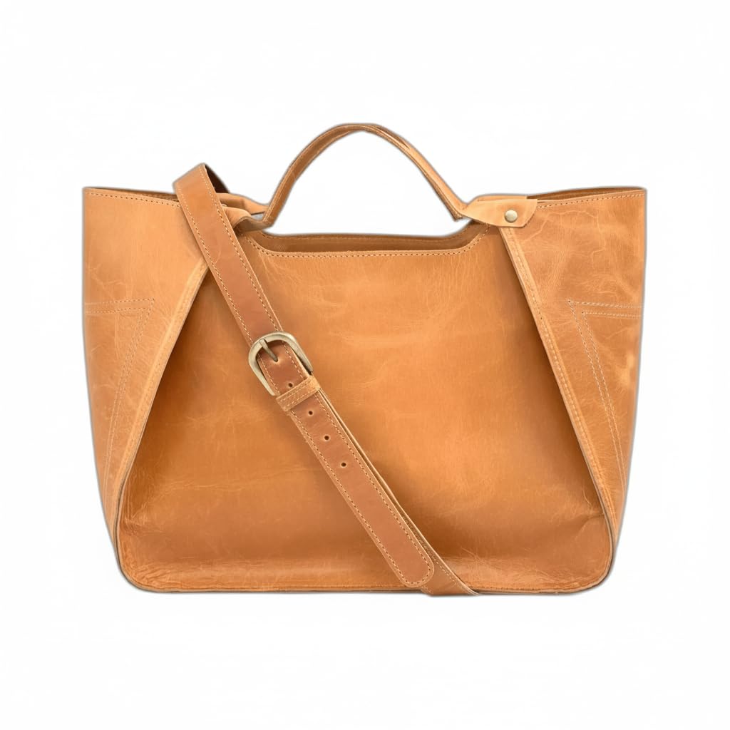 Tannery Genuine Full Grain Leather Shoulder Tote Bag for Women Large Handbag Ladies Purse Adjustable Strap Satchel Travel Bag (Tan)