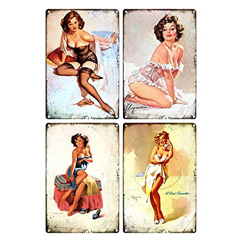 MULINSEN 4 PCS Vintage Tin Sign Painting Pinup Wall Art Decor Sexy Poster for Bathroom Bar Club Cafe, Restaurants Home Decoration Retro Tin Painting (12 X 8 Inches)