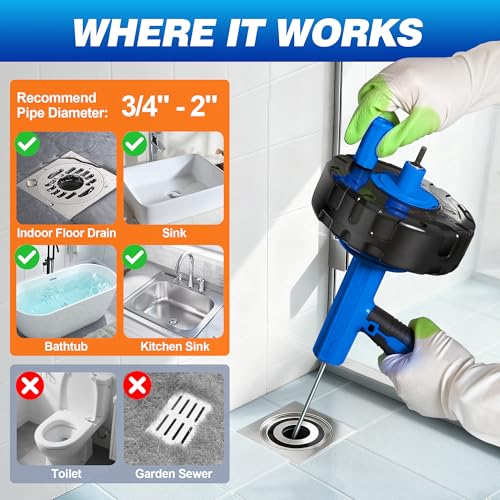 Image of Drain Auger 33Ft, Auto-Feed Drain Snake Hair Drain Clog Remover, Blue