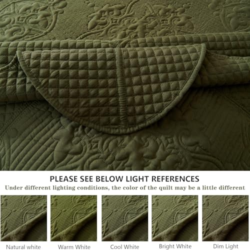 Image of EVENHUG Oversized King Bedspreads California King Quilt Set with Pillow Shams Extra Wide Large King Size Quilts Lightweight Coverlet Bedding Sets Olive Green 120 inchx120 inch