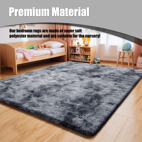9x12 Fluffy Area Rugs for Living Room,Large Fuzzy Shag Area Rug for Bedroom,Soft Non-Shedding Indoor Plush Carpet for Kids Bedroom Nursery Home Decor,Tie-Dyed Black