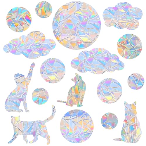 Zindoo 54 Stück Prisma Fensteraufkleber Regenbogen Sonnenfänger Fensterbilder Statisch ohne Kleber Fensterfolie Lichtbrechend Katze Wolken Kreise Fensterdeko Kinderzimmer & Vogelschutz
