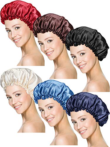 Syhood 6 Pieces Sleep Cap Satin Bonnet for Women, Classic Dark, Medium