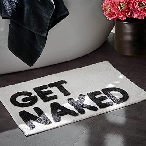 Mooky Mats Get Naked Bath Mat Non-Slip 50 x 80cm - Tufted Slogan Bathroom Rug (White/Black) Cover