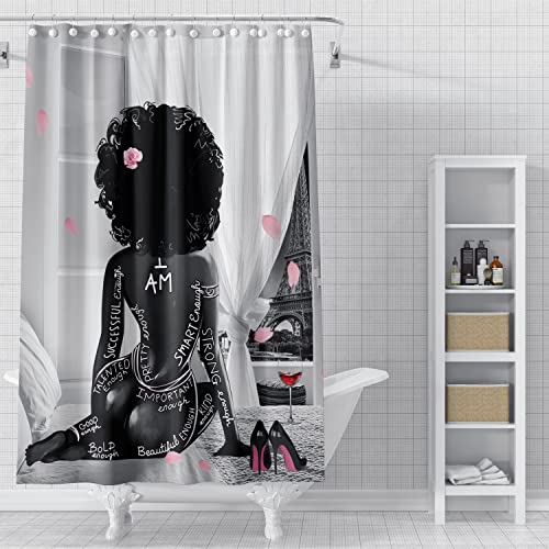 Tyakasha African American Woman Shower Curtain Fashion Black Girl Pink Rose High Heels Waterproof Polyester Fabric Bathroom Decoration Quick Dry 72 X 72 Inches With 12 Hooks #TOP3