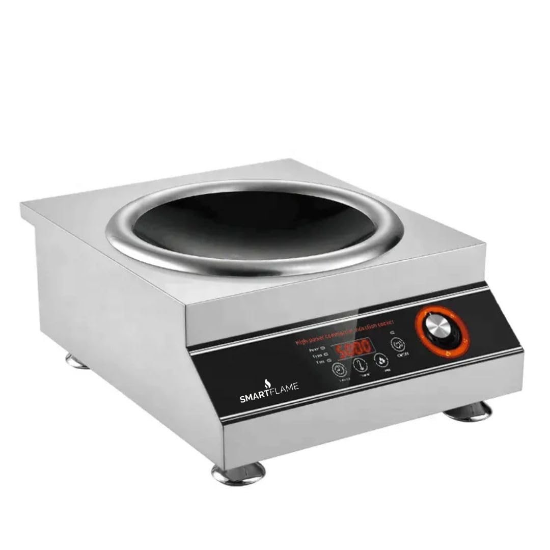 3.5 kW Curve Commercial Induction Cooker 3500 W High-Power Radiant Cooktop | Concave Sunken Plate for Wok & Kadhai | Stainless Steel Body | Knob + Digital Control | 220V