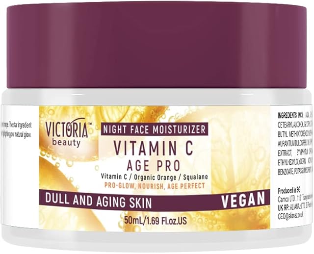 Victoria Beauty - Krem na noc z witaminą C, przeciwstarzeniowy krem do twarzy przeciwko zmarszczkom i pierścieniom pod oczami, wegański krem na dzień z skwalanem dla kobiet i mężczyzn (1 x 50 ml)