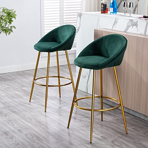 Chairus Bar Stools Set Of 2, 30 Inches Modern Bar Height Stools Chairs With Round Back & Brass Gold Metal Legs, Velvet Upholstered Tall Barstools For Home Bar, Green #TOP3