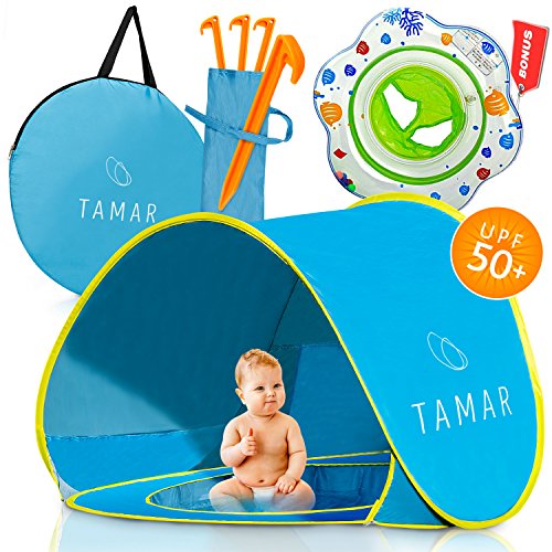 Tamar Baby Beach Tent: Toddlers and Tots Blue Pop-Up Sun Shelter with mini Pool and Detachable Shade, Lightweight, 50 SPF UV Protection with Carry Bag and A Bonus Baby Swimming Ring