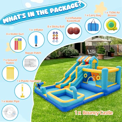 SportBob Hüpfburg mit Wasserrutsche, 10 in 1 Aufblasbare Hüpfburg XXL mit Gebläse, Kletterwand, Springen, Wasserpistole, Splash Pool Basketballkorb für Kinder Outdoor Indoor, 465x380x230 cm