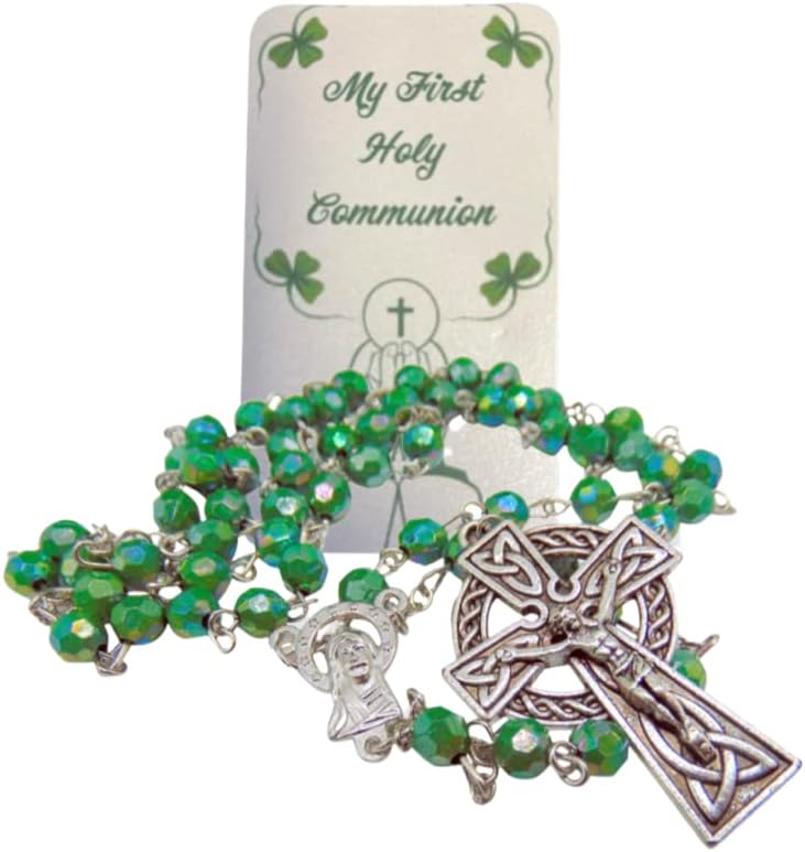 Westmon Works First Communion Rosary Irish Edition Set with Green Ireland Beads Metal Celtic Crucifix Holy Card and Carry Bag