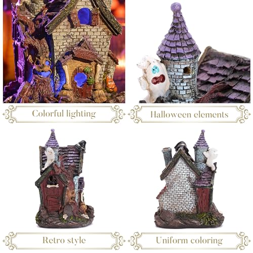 Valery Madelyn Halloween House Statue Figurine with Witch\'s Hat Pumpkin for Halloween Decorations, Pre-Lit 7.8 Inch Lighted Halloween Village Haunted Church for Table Indoor Outdoor Party Decor - Thumbnail 5